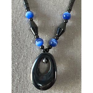 Oval Pendant Hematite Cat Eye Necklace -- 18"